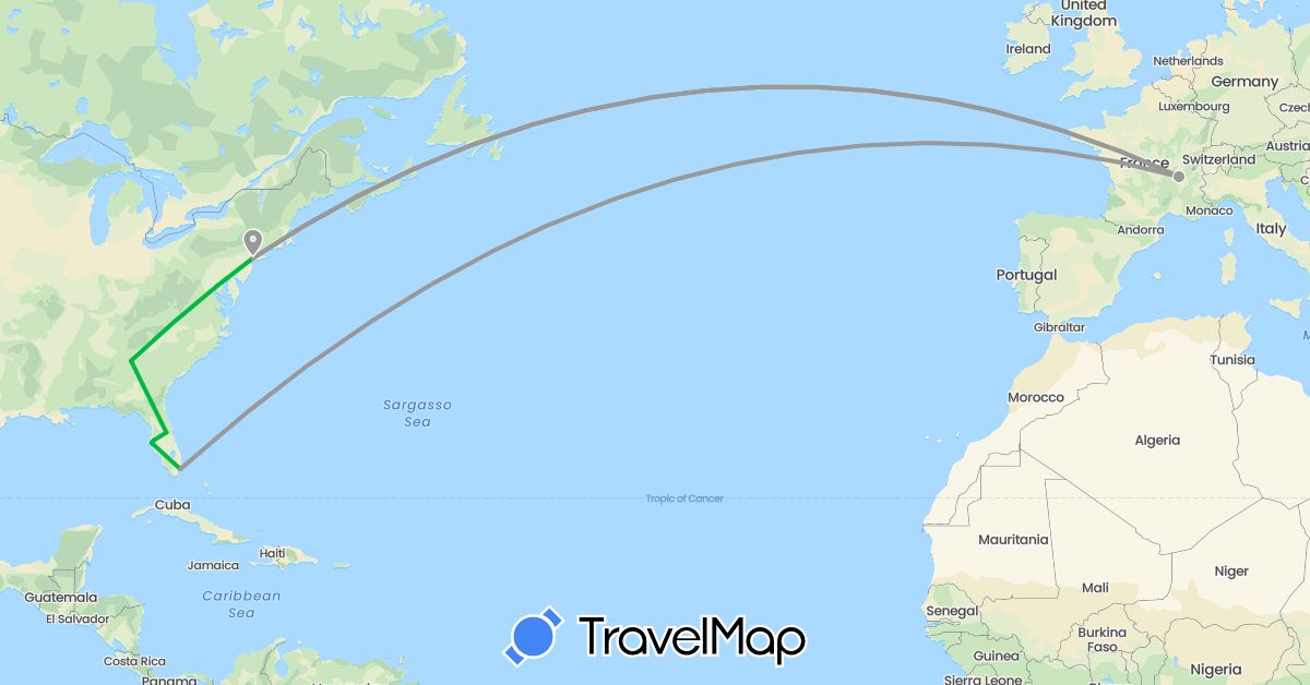 TravelMap itinerary: bus, plane in France, United States (Europe, North America)