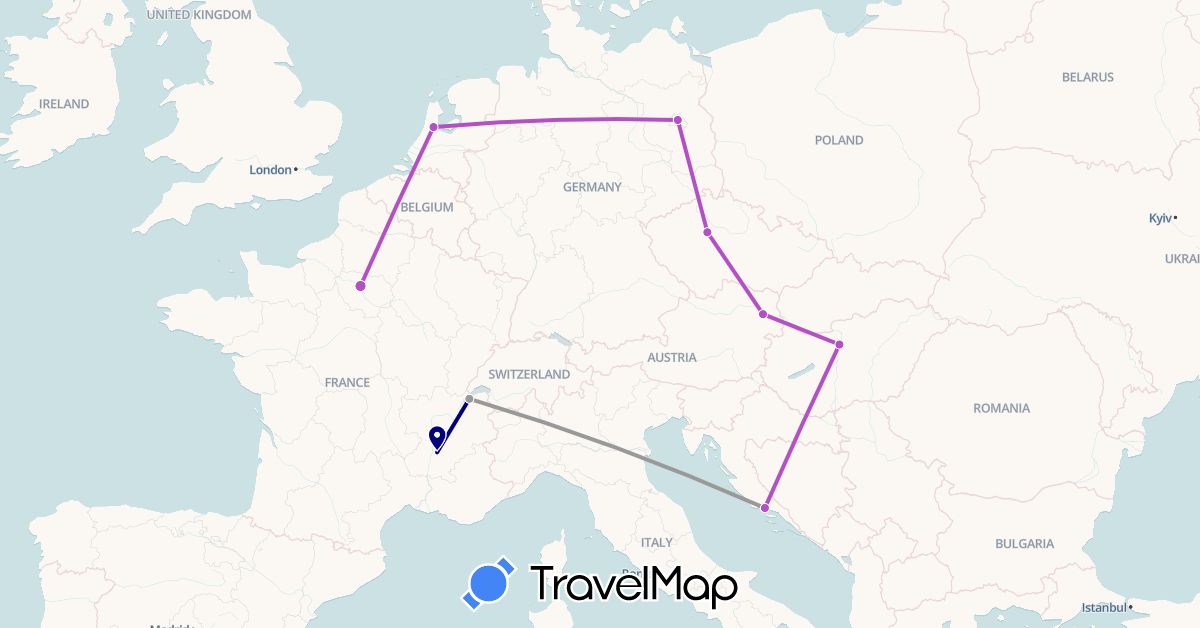 TravelMap itinerary: driving, plane, train in Austria, Switzerland, Czech Republic, Germany, France, Croatia, Hungary, Netherlands (Europe)